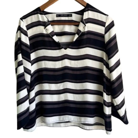 ZARA Basics Quarter Sleeve V-Neck Striped Blouse Women’s Small - Picture 1 of 6